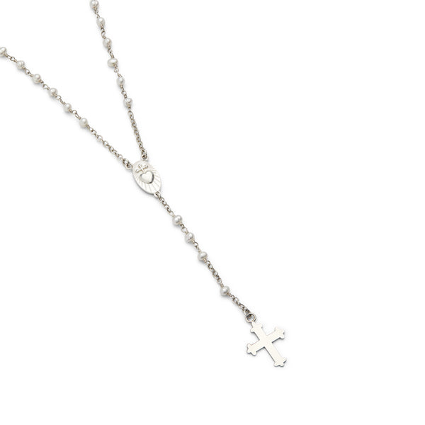 Collar rosario medalla Sagrado corazón de Jesús (Detente) y cruz de plata de ley 925 con perlas naturales
