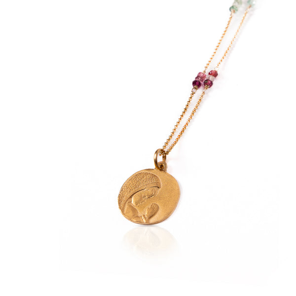 Virgin girl medal necklace with tourmalines