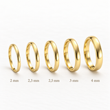 Comparativa orientativa de anchuras de Media Caña Clásica en oro amarillo: 2,00; 2,30; 2,50; 3,00 y 4,00 mm