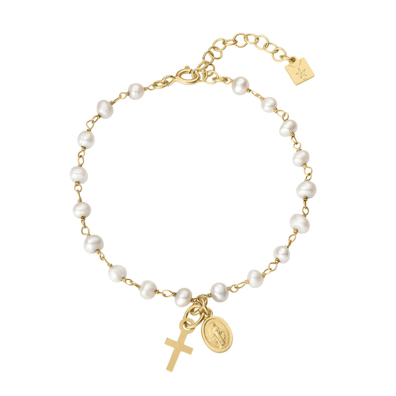 Pulsera rosario virgen milagrosa y cruz de plata ó vermeil y perlas cultivadas en agua dulce.