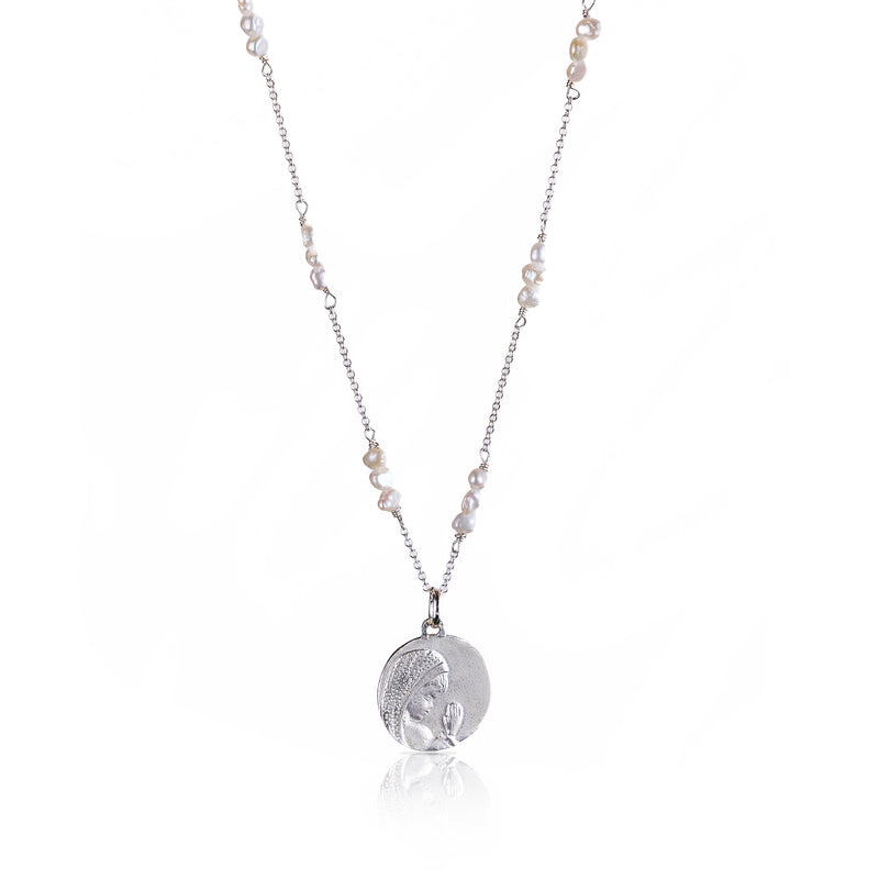 Virgin girl medal necklace with pearls