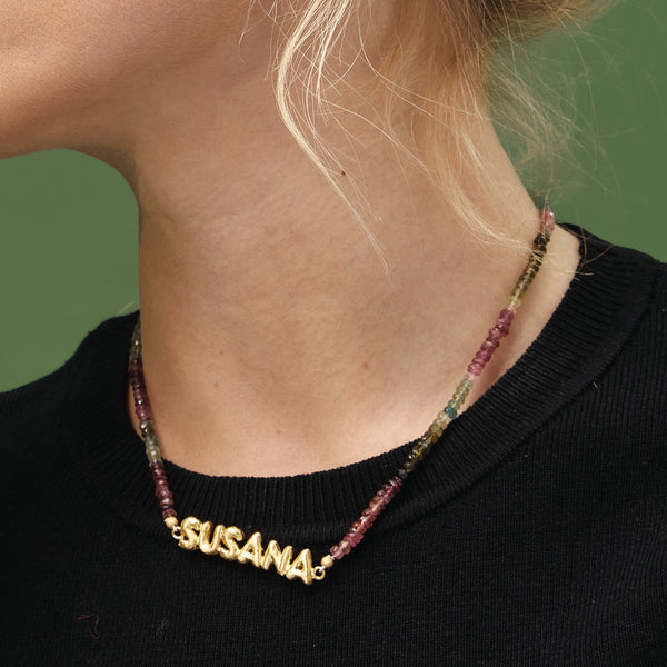 Puffy letters name necklace with tourmalines