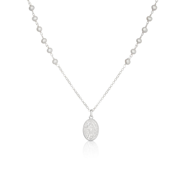 Miraculous virgin rosary medal necklace sterling silver pearls