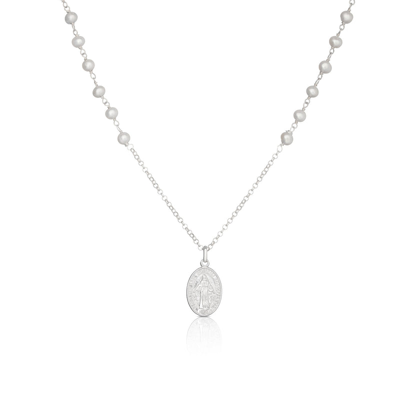 Miraculous virgin rosary medal necklace sterling silver pearls